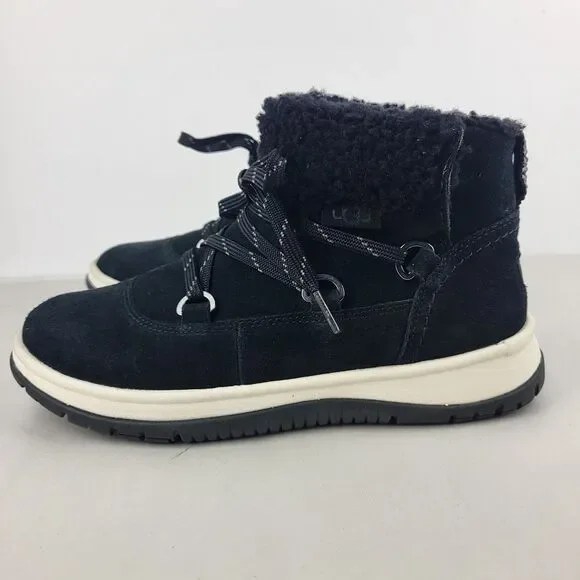 UGG Lakesider Heritage Black Suede Lace Up Mid Top Winter Boots 6.5 - Picture 2 of 11